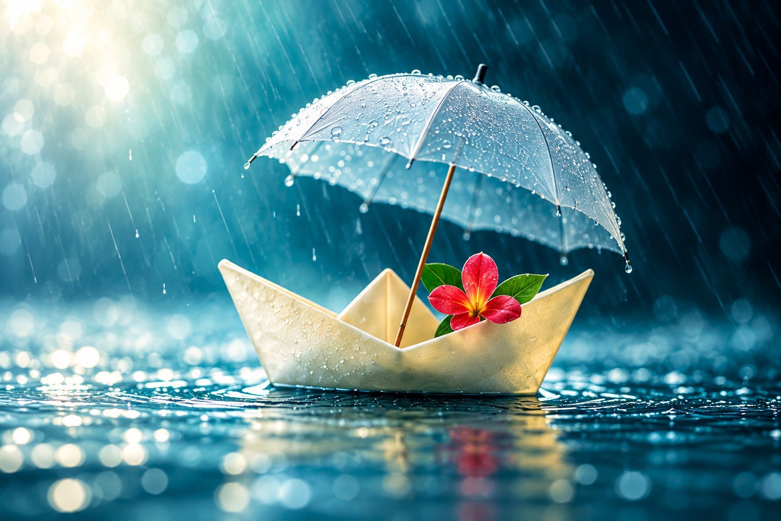 A paper boat and flower sheltered by a clear umbrella in gentle rain