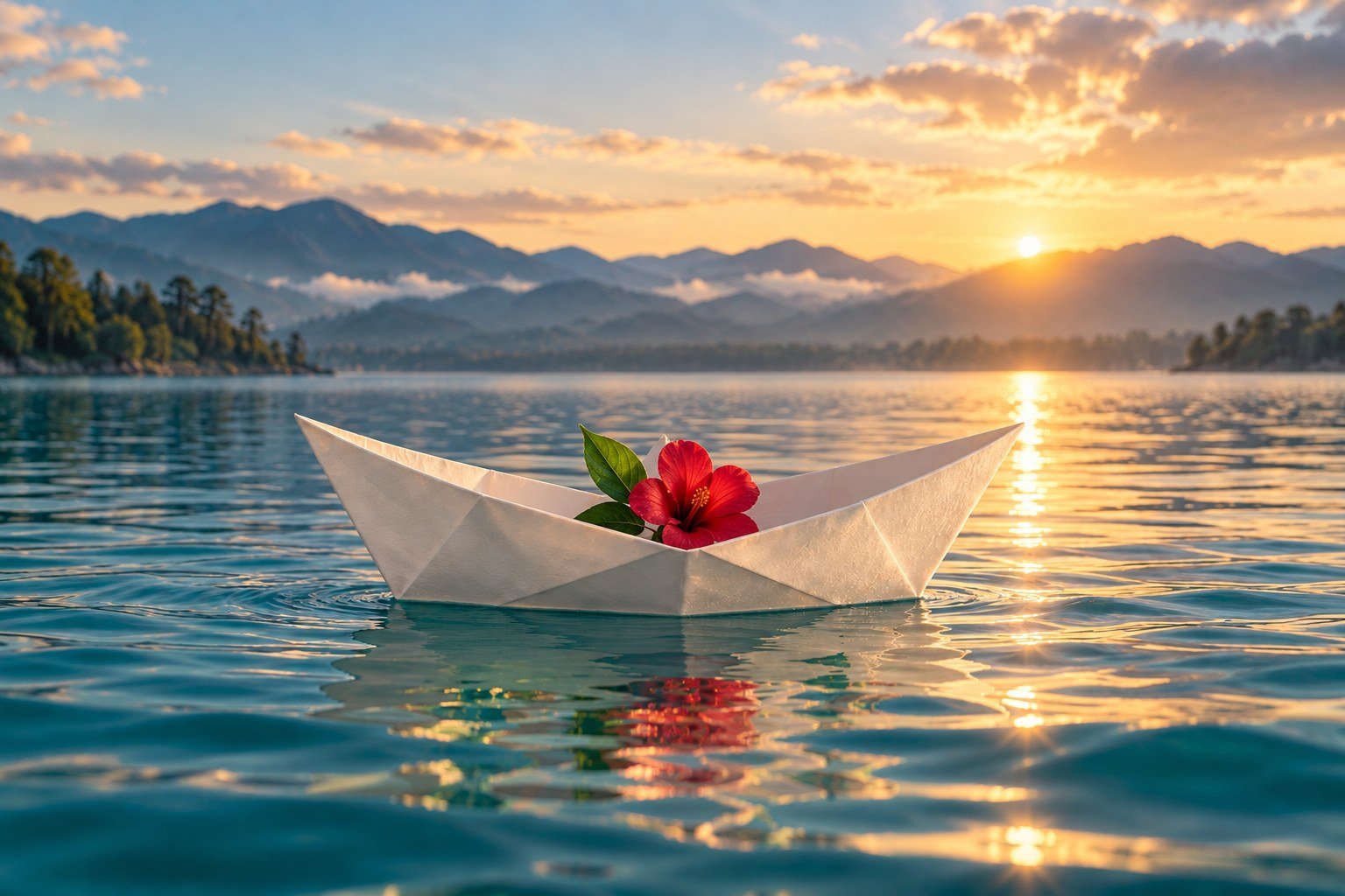 A simple paper boat carrying one flower towards a soft sunrise