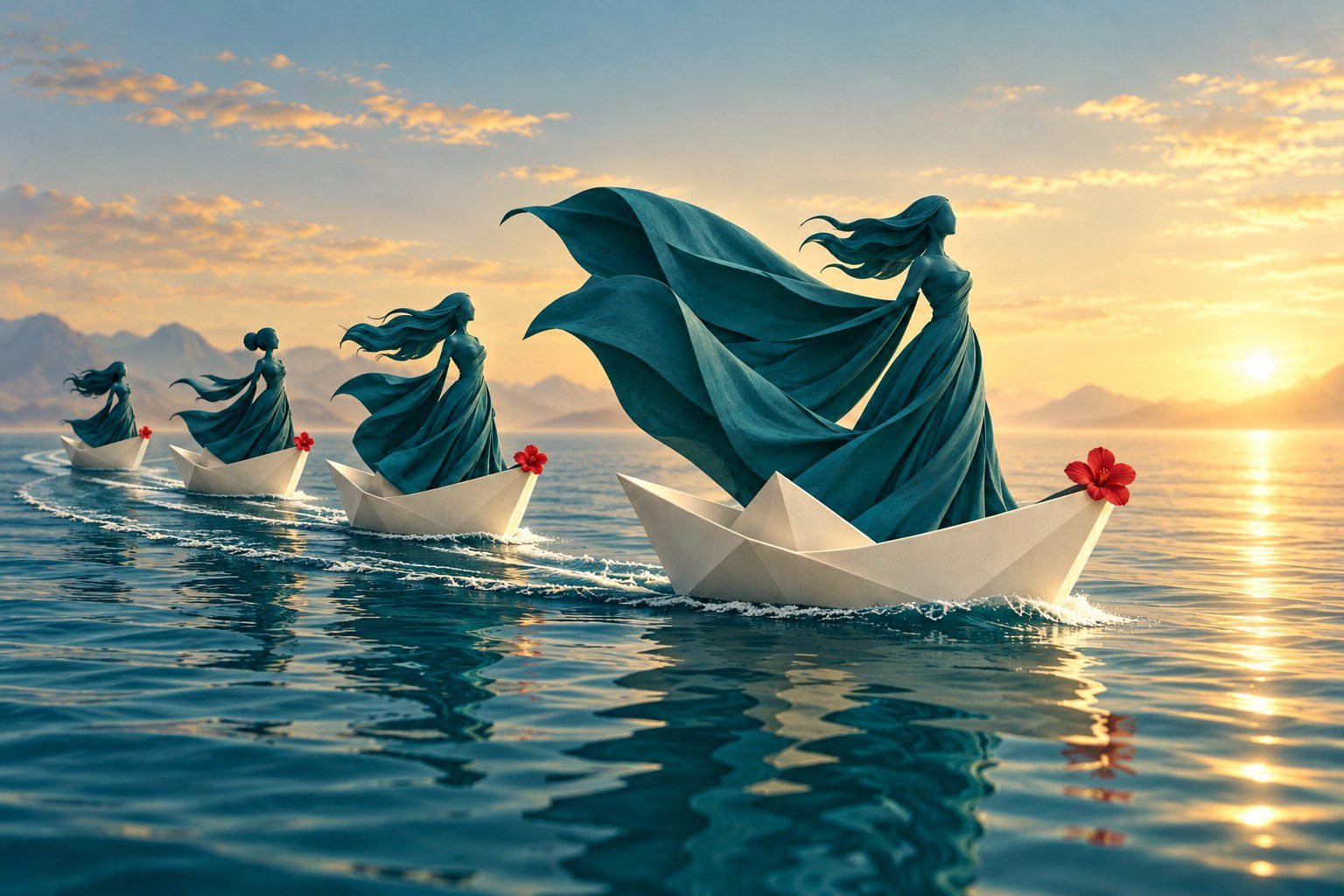 Four symbolic women sailing forward together in ivory boats with red flowers on teal water